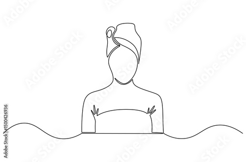 Continuous one line drawing of Beautiful woman with towel. Single line drawing illustration of Sensual woman with towel on head. International Beauty day concept vector art. Doodle line illustration.