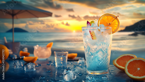 Sunset beach cocktail drink ice oranges