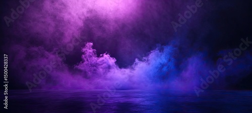 Smoky stage lit with vibrant purple and blue light
