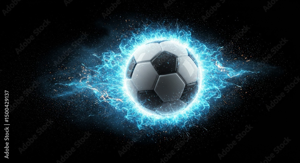 Fototapeta premium Abstract Photo Soccer Ball Bursting With Blue Energy and Sparkles on Black Background