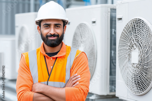 Confident technician smiling with crossed arms in front of air conditioning units, showcasing expertise in HVAC maintenance and repair