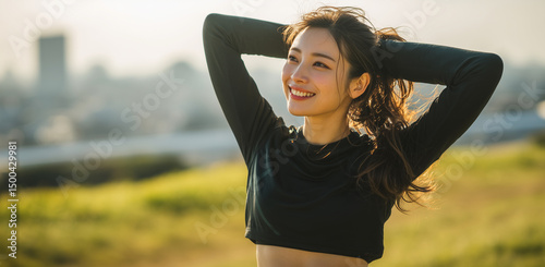 Happy athlete relaxing with hands behind her head, savoring the warm glow of sunset in a serene park setting
