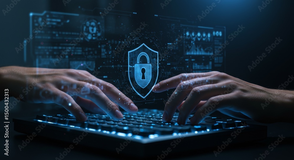 Obraz premium Cybersecurity Concept Hands Typing on Keyboard with Digital Shield Illustration