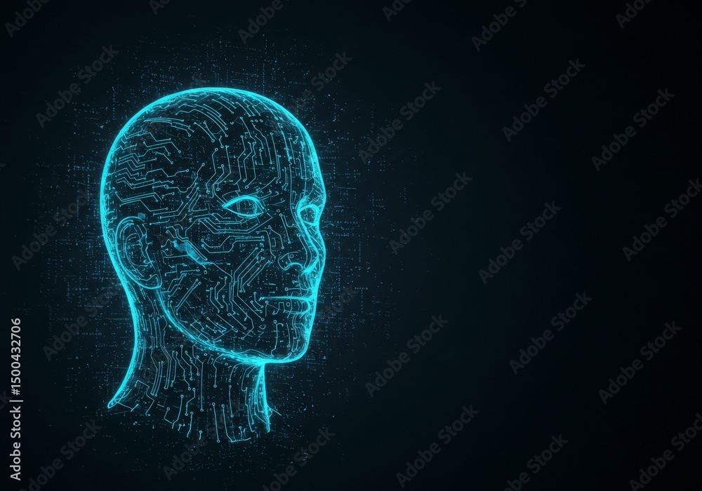 Obraz premium Digital 3D Abstract Head Illustration With Blue Light And Futuristic Concept