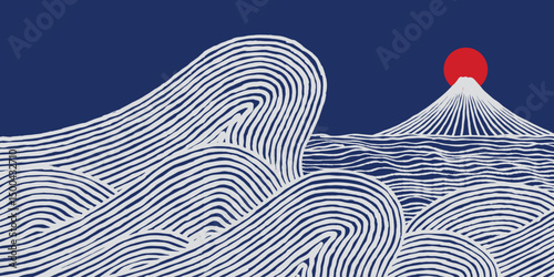 Hand drawn brush lines abstract waves and water with Fuji mountain panorama background, Japanese folk, ethnic wood carving, block print texture banner, simple graphic for textile, decoration