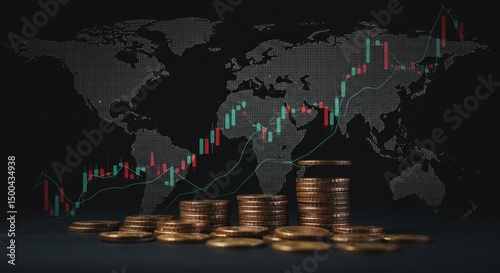 Financial Concepts With Stacked Coins Charts Against World Map