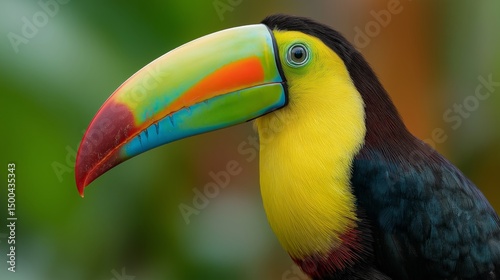 Tropical Toucan's Vibrant Gaze: An exquisite close-up of a vibrant toucan, showcases its colorful beak and curious eye, offering a vivid portrait of the rainforest's splendor.
