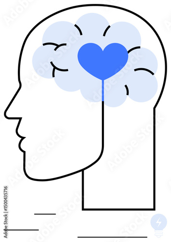 Head outline with brain cloud and blue heart in center symbolizing balance of logic and emotion. Ideal for psychology, self-awareness, mindfulness, empathy, mental health, education, flat simple