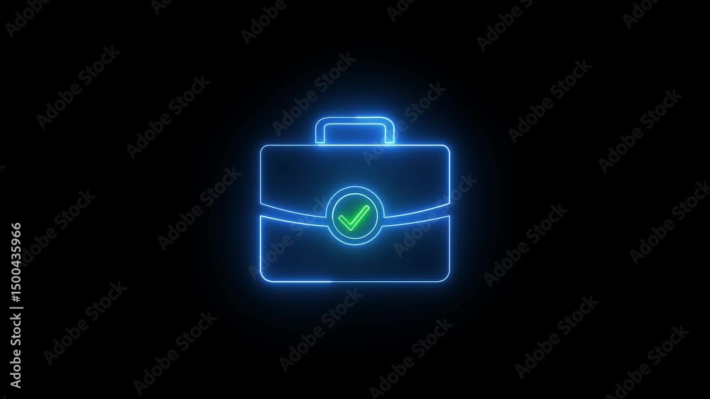 Business briefcase icon with approval checkmark. Glowing neon briefcase with checkmark symbol on black background animation of business icon concept for approval success