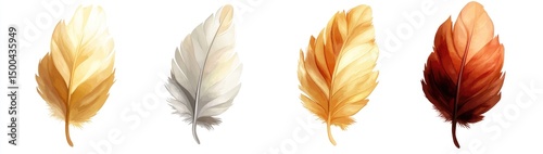 Four stylized bird feathers in varying shades of warm colors