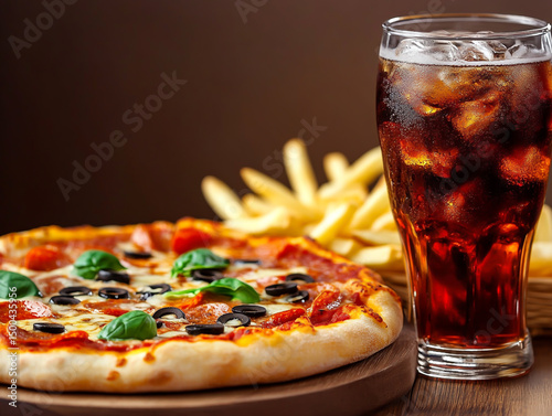 A delicious slice of cheesy pizza rests beside a golden heap of crispy fries, and both are served hot on a rustic brown table.