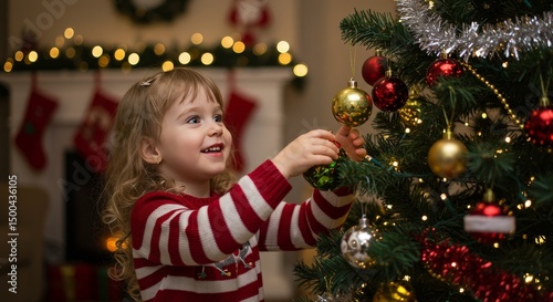 Happy Child Decorating Christmas Tree With Colorful Ornaments Photo