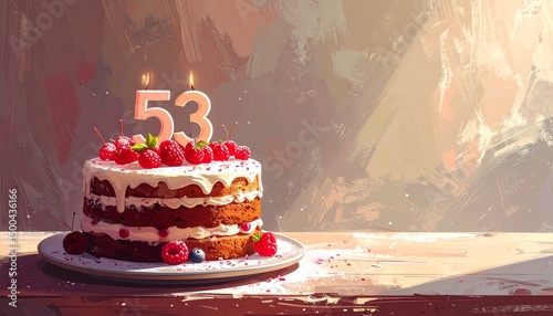 53 years. Birthday Anniversary Sweet Cake. An anniversary greeting card or banner
