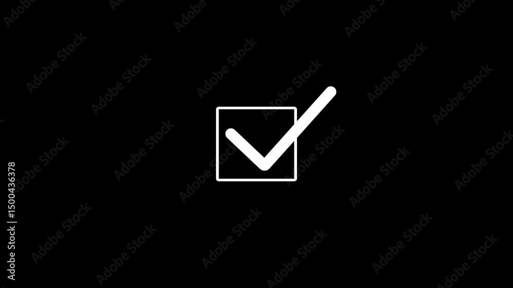 White checkmark in square for approval concepts. A clean white checkmark inside a square icon against a black background ideal for positive affirmation approval concepts and design elements
