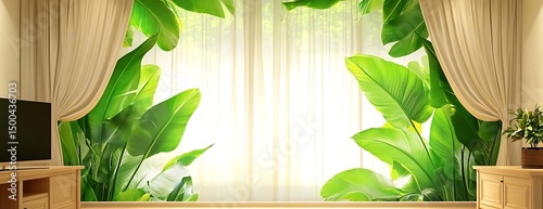 Lush leaves frame window, sunny room