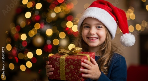 Joyful Child Holds Gift With Red Bow And Stands By A Decorated Christmas Tree Photo