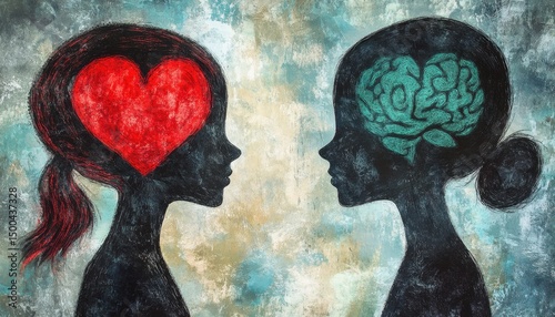 Ragazze, cuore, cervello, emozioni, scelta, illuminazione, silhouette