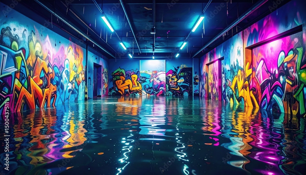 Naklejka premium Flooded Graffiti Tunnel with Neon Lights.