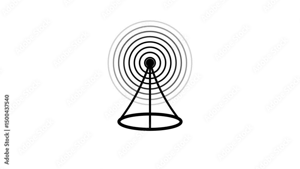 Tech tower with signal waves for communication themes. Abstract animation of a modern communication tower radiating signals in a clean white background ideal for tech and broadcasting concepts