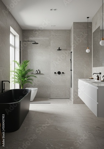 Modern Bathroom Design Photo with Gray Tiles Black Accents and Plant