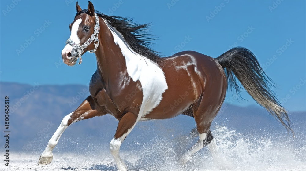 Obraz premium A brown and white pinto horse gallops freely across a snowy landscape under a clear blue sky