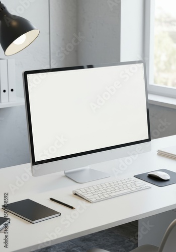 Modern Office Desktop Setup with Computer Screen Workspace and White Table Photo