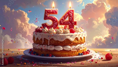 54 years. Birthday Anniversary Sweet Cake. An anniversary greeting card or banner
