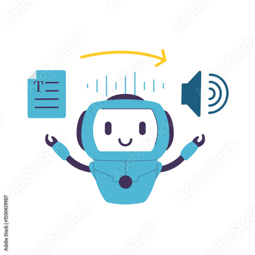 Flat Illustration of AI Robot Converting Text Document into Speech Output. Illustrations for websites, landing pages, mobile apps, posters and banners