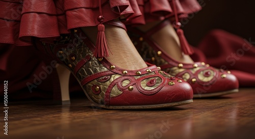 Detailed Photo of Red Glittery Shoes with Gold Embellishments and Tassels