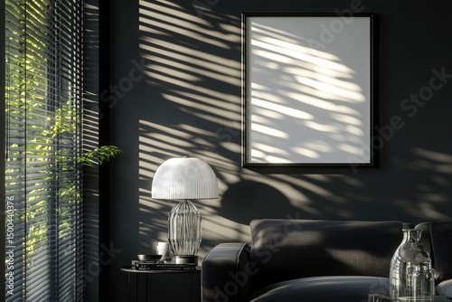Wallpaper Mural Dark, moody interior with a blank framed canvas, a sleek sofa, a glass lamp on a side table, and sunlight streaming through blinds casting dramatic shadows Torontodigital.ca