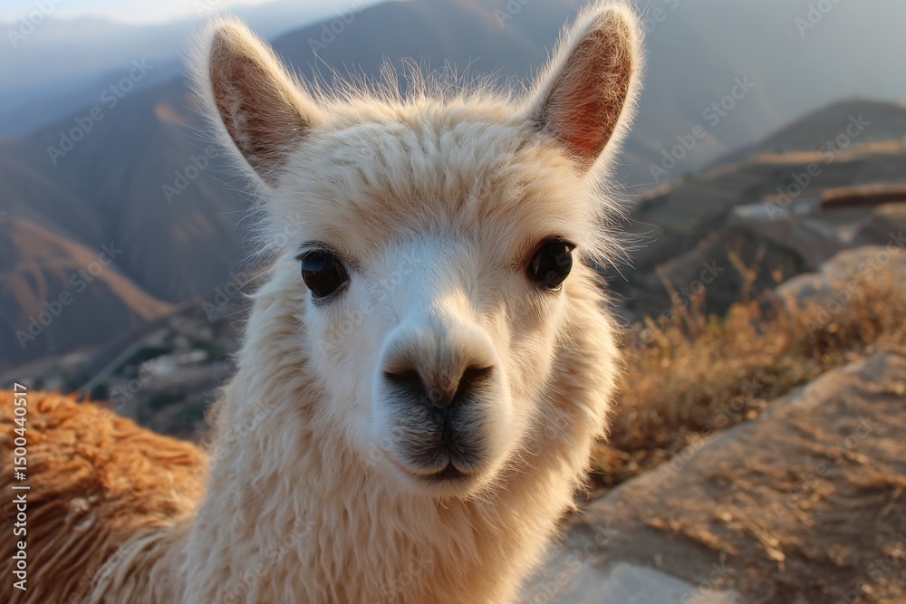 Fototapeta premium Close-up Portrait of a Camelid in Nature with Mountain Background