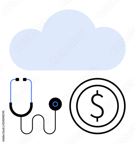 Cloud icon above stethoscope and coin with dollar sign, symbolizing healthcare technology, cost management, innovation. Ideal for telemedicine, fintech, insurance, cloud computing, digital health