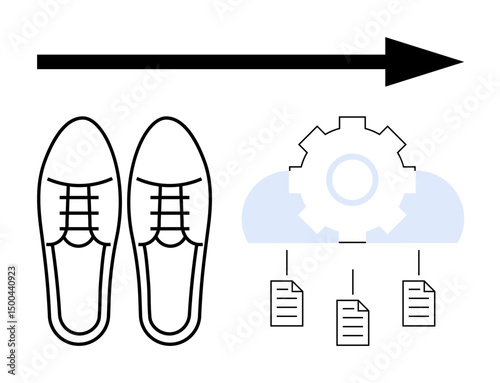 Shoes, forward arrow, gear, and documents represent innovation, progress, workflow efficiency, and organization. Ideal for business, productivity workflow automation innovation planning data