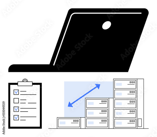 Black laptop silhouette, clipboard with checklist, and server stacks emphasize task organization, data scalability, and system efficiency. Ideal for technology, productivity, IT, scalable solutions