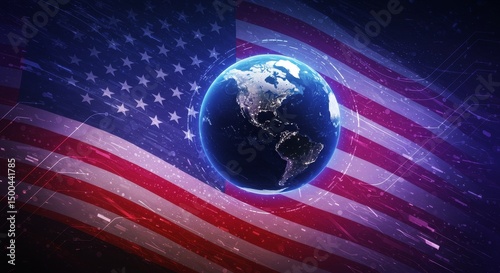 Digital Illustration of United States Flag and Earth Globe in Abstract Style