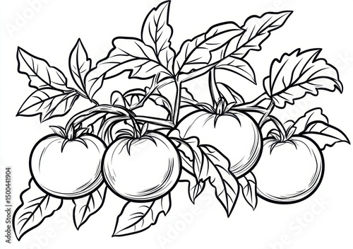 Pomodori maturi su pianta di pomodoro, illustrazione in bianco e nero