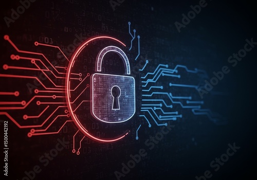 Digital Security Concept with Circuit Board and Glowing Lock Illustration Background