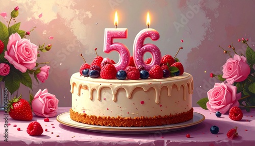 56 years. Birthday Anniversary Sweet Cake. An anniversary greeting card or banner