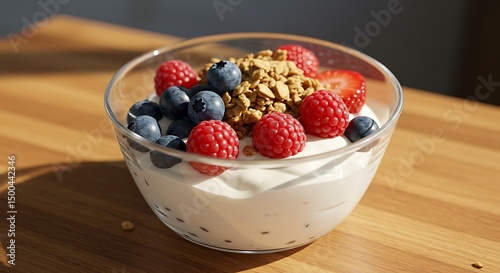 Greek yogurt parfait with granola and mixed berries. High-protein recovery snack, muscle-building, probiotic-rich