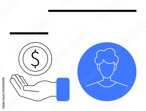 Hand holding dollar coin alongside blue profile icon signifying financial interaction, user profile, or monetization. Ideal for finance, networking, digital platforms, user interface, business, team