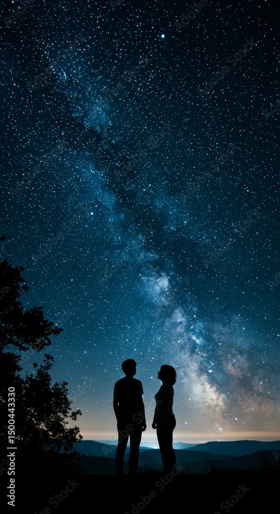 Fototapeta premium Photo of Couple Silhouettes Watching the Stunning Milky Way in the Night Sky