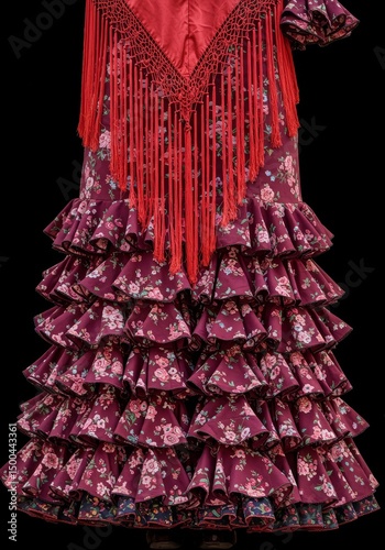 Elegant Floral Patterned Ruffled Red Dress Photo Background