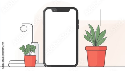 Smartphone on a shelf with potted plants and a lamp