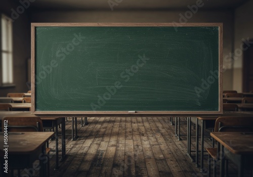 Empty Classroom Interior Illustration Featuring Green Chalkboard and Wooden Desks