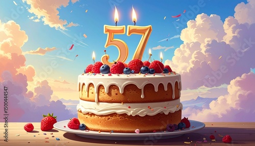 57 years. Birthday Anniversary Sweet Cake. An anniversary greeting card or banner