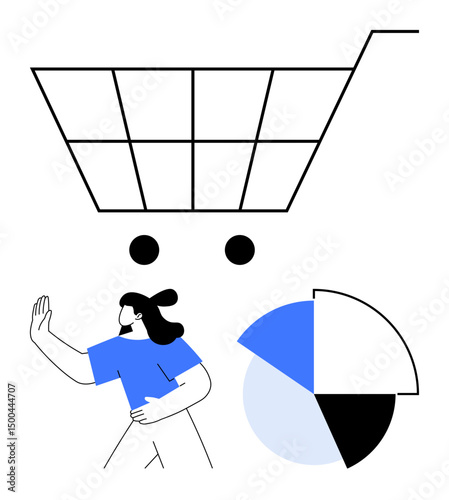 Woman gesturing stop near shopping cart and pie chart illustrating e-commerce trends, decision-making, and market analysis. Ideal for retail, analytics, consumer behavior, ethical choices, budgeting