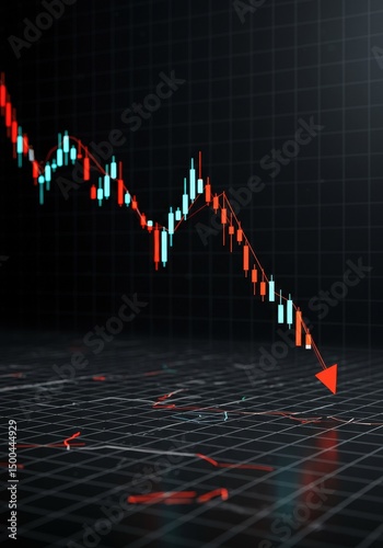 Falling Stock Market Candlestick Chart with Red Arrow on Black Background Illustration