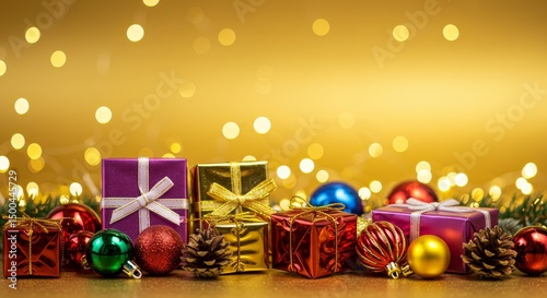 Festive Christmas Gifts And Ornaments In Gold Background Photo