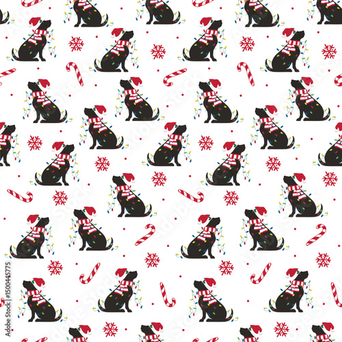 Christmas Black Dog Vector Art Seamless Pattern