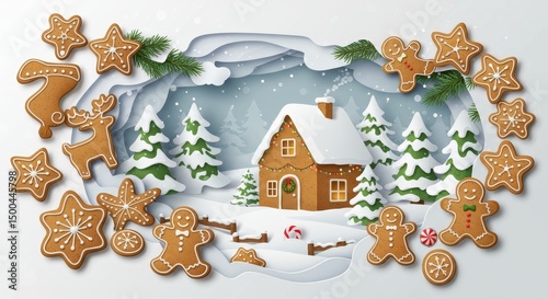 Festive Christmas Illustration Gingerbread House And Cookies In Winter Snow